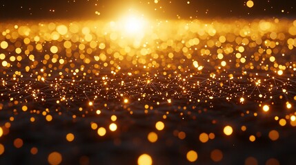 Fototapeta premium Golden sunset, particle network, abstract background, digital art, website design