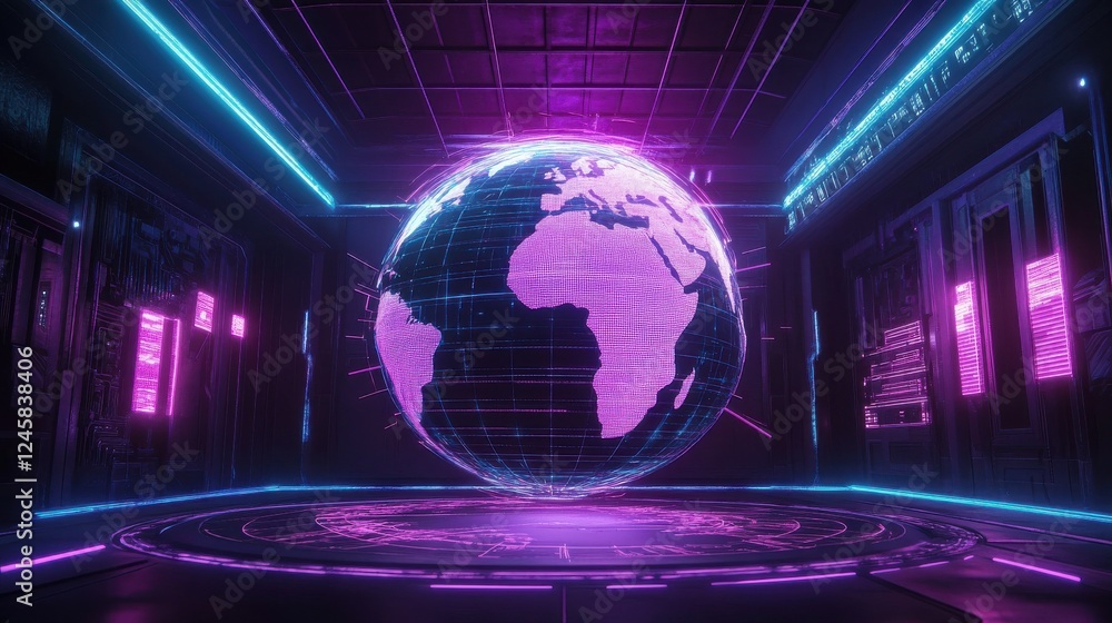 Aufkleber futuristic neon globe with digital data in a high-tech environment