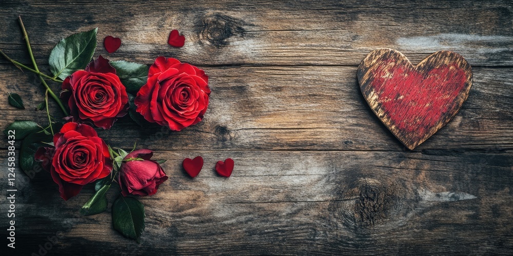 Poster red roses arranged on a rustic wooden table with a textured heart and small heart-shaped confetti sc