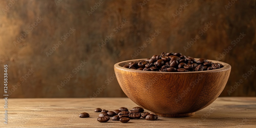 Poster warm wooden bowl filled with coffee beans set against a textured brown background with scattered bea