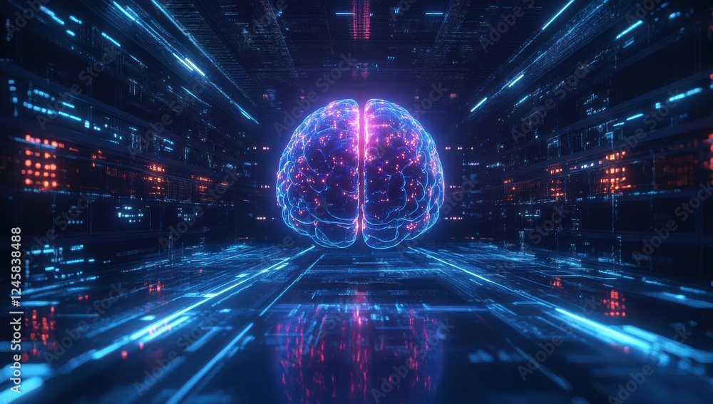 Poster vibrant digital brain surrounded by futuristic data streams and neon lights in a high-tech environme