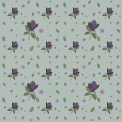 Fototapeta premium Floral pattern, purple flowers, green leaves.