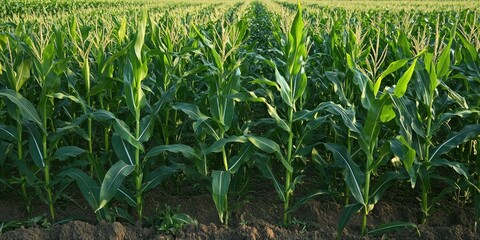 Obraz premium Lush green corn maize plants in neat rows create a vibrant agricultural landscape with rich soil in the foreground under clear blue skies