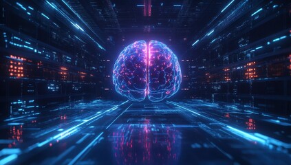 Vibrant Digital Brain Surrounded by Futuristic Data Streams and Neon Lights in a High-Tech Environment for Visualizing Intelligence Concepts