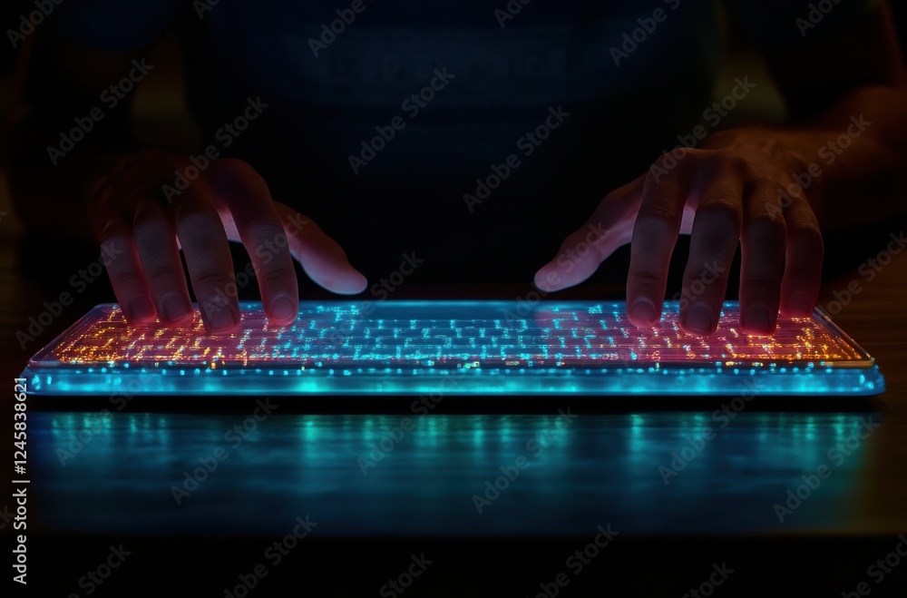 Poster vibrant hands typing on an illuminated keyboard emitting a multicolored glow in a dark environment c
