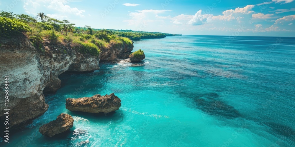 Aufkleber serene turquoise ocean view with rocky cliffs and lush greenery under a bright blue sky with soft cl
