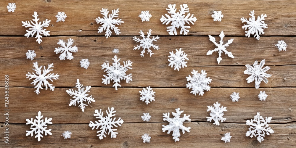 Aufkleber white snowflakes scattered on a textured brown wooden surface, creating a festive winter theme with 