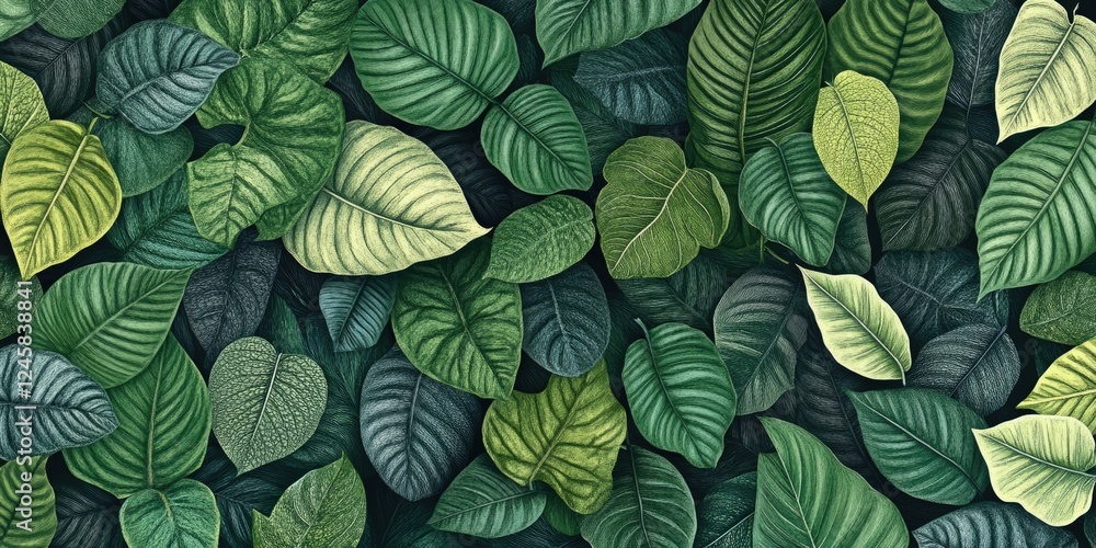 Poster seamless pattern of diverse green leaves with intricate textures in various shades of green arranged