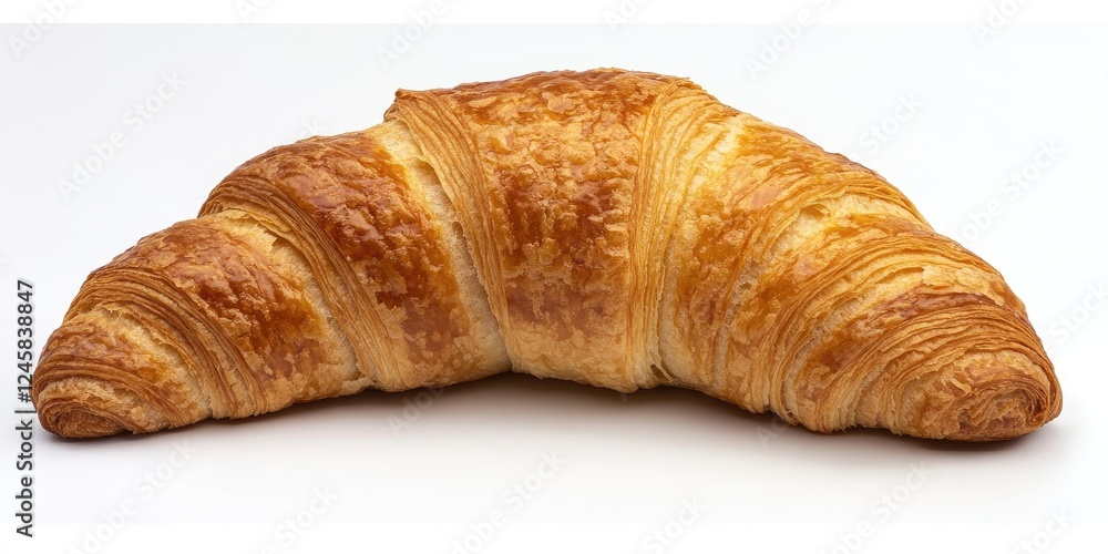 Poster Freshly baked golden-brown croissant on a white background showcasing flaky layers and a curved shape with a smooth texture on the surface.