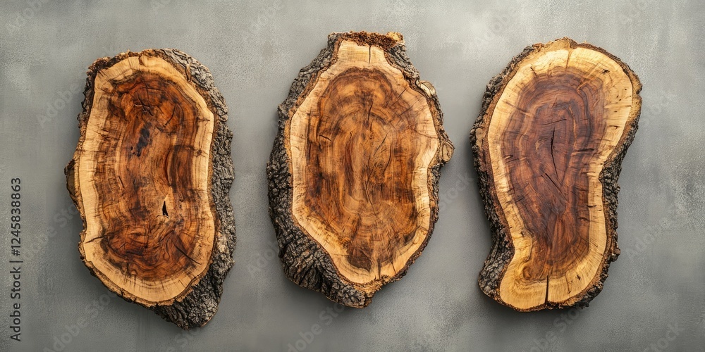 Leinwandbilder three rustic wooden slabs with natural edges arranged vertically on a gray background showcasing ric