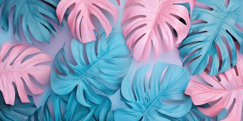 Pastel background in soft pink and blue hues with large tropical leaves arranged flat lay creating a vibrant and inviting scene of nature's beauty