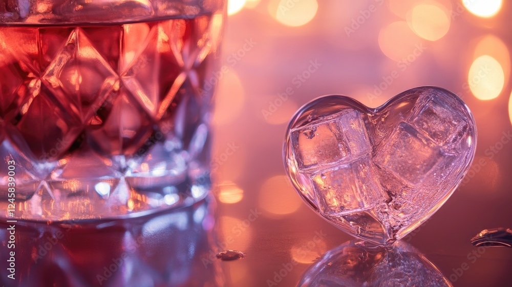 Poster a heart-shaped ice cube placed next to a drink on a polished surface, highlighting the crisp, clear 