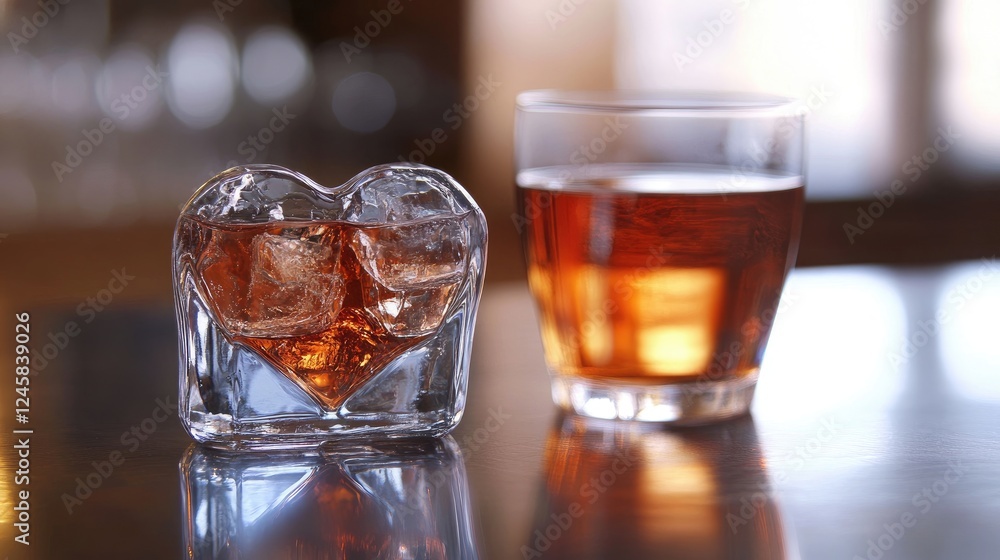 Poster a heart-shaped ice cube placed next to a drink on a polished surface, highlighting the crisp, clear 