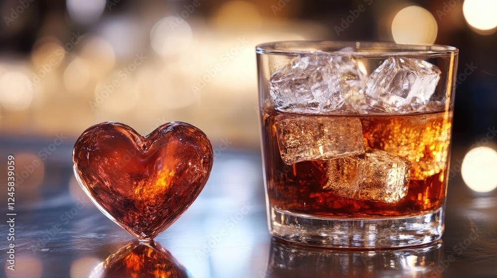 Poster a heart-shaped ice cube placed next to a drink on a polished surface, highlighting the crisp, clear 
