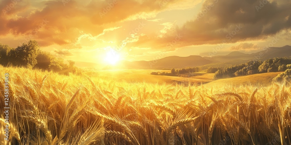 Poster golden sunset over a vast wheat field with tall golden crops in the foreground and distant hills und