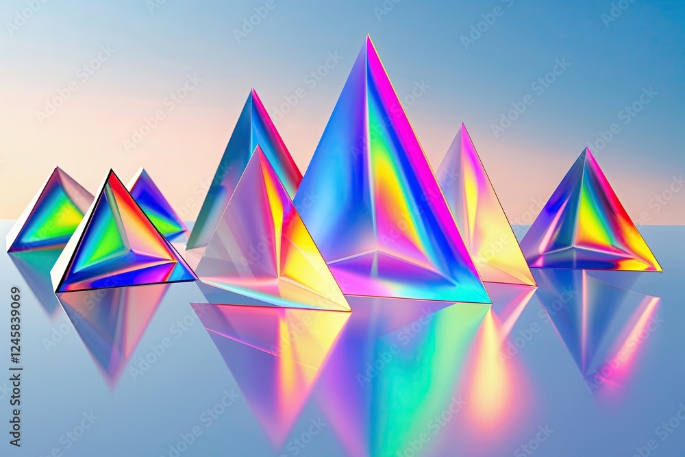 Poster diverse holographic triangular prisms creating spectral light effects on clear background