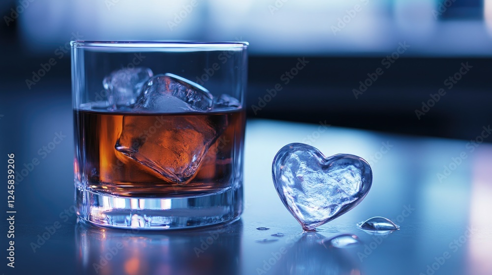 Poster a heart-shaped ice cube resting beside a glass of cold drink, with the ice melting slightly, adding 