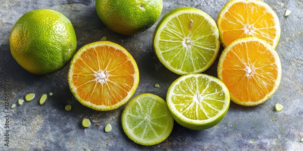 Poster fresh citrus fruits including halved oranges and limes display vibrant green and orange colors on a 
