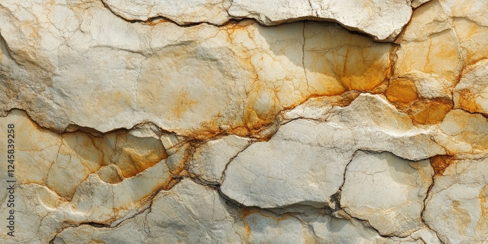 Aufkleber Textured close-up of weathered rock surface featuring beige, cream, and rust colors with prominent cracks and fissures throughout the image.