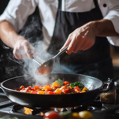 Culinary Mastery: A chef meticulously prepares a vibrant meal in a hot pan over a gas stove, capturing the essence of gastronomy with focus on the details and the steam.