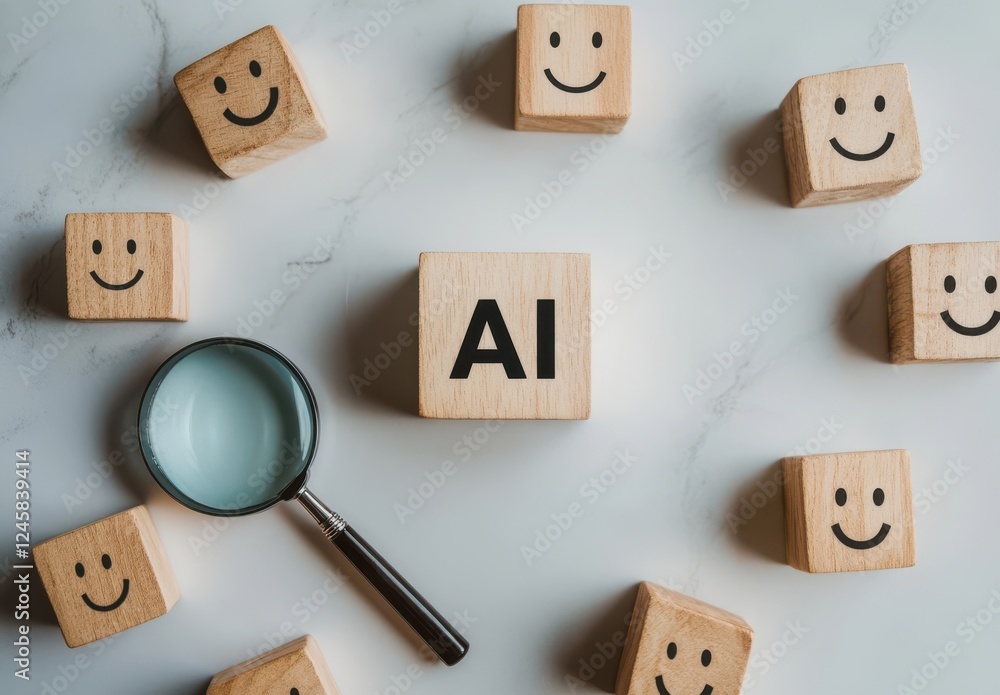 Poster wooden blocks with smiley faces surrounding a central block labeled ai, representing artificial inte