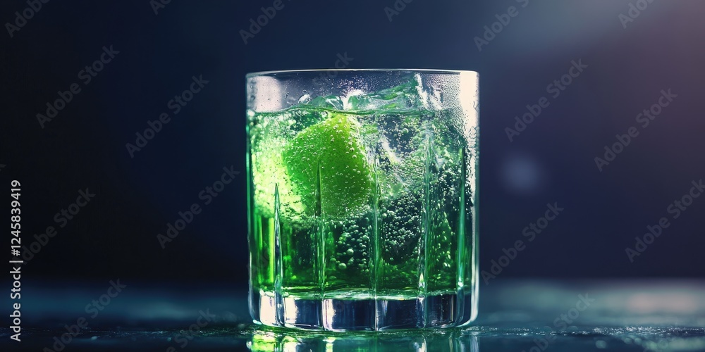 Poster refreshing green beverage with ice and lime in a clear glass, illuminated by soft light, set against