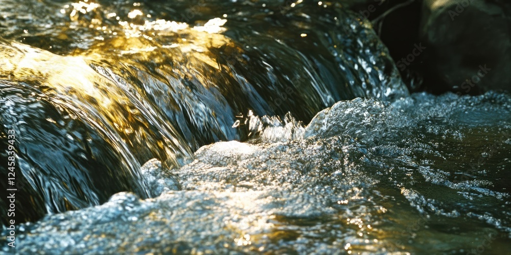Poster Glistening water stream flowing over rocks in warm golden sunlight with rippling patterns creating a serene natural scene.