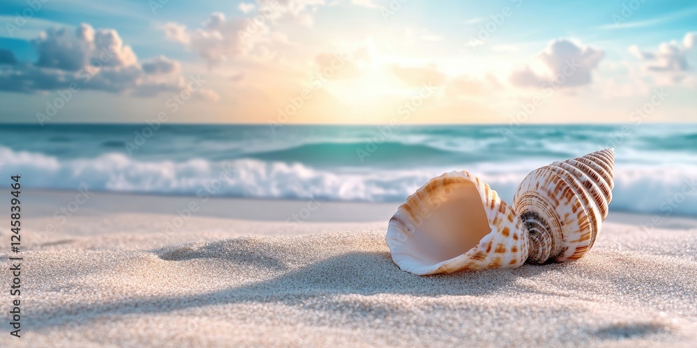 Poster seashell on sandy beach with gentle waves in the background under a bright sky featuring soft clouds