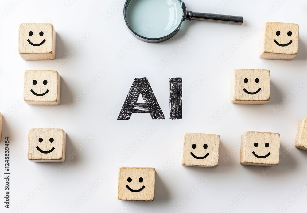 Poster wooden blocks with smiley faces surrounding letters representing artificial intelligence concept wit