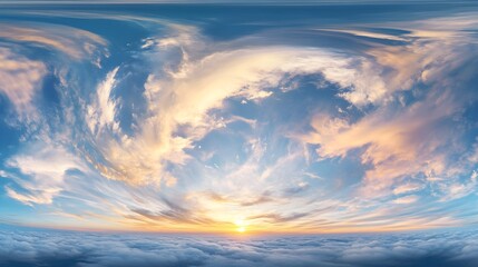 Fototapeta premium Breathtaking 360° Panorama: Fiery Sunset Sky, Golden Hour Glow, Dramatic Cloudscape, Vivid Colors, Perfect for Travel, Nature, and Landscape Designs. 