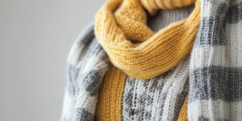 Cozy knitted scarf and sweater in grey and yellow tones, layered for a trendy winter look, grey check pattern, warm textures focused centrally.
