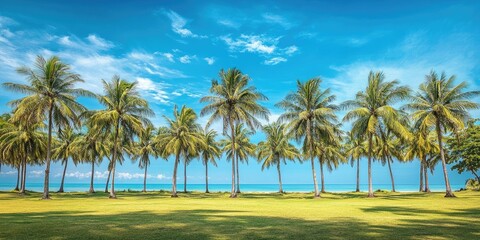 Fototapeta premium Vibrant green coconut trees in rows against a bright blue sky with soft clouds and ocean view create a serene natural park landscape