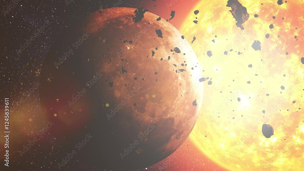 Wall mural mars and asteroid field near the sun a striking scene of mars surrounded by asteroids, with the sun'