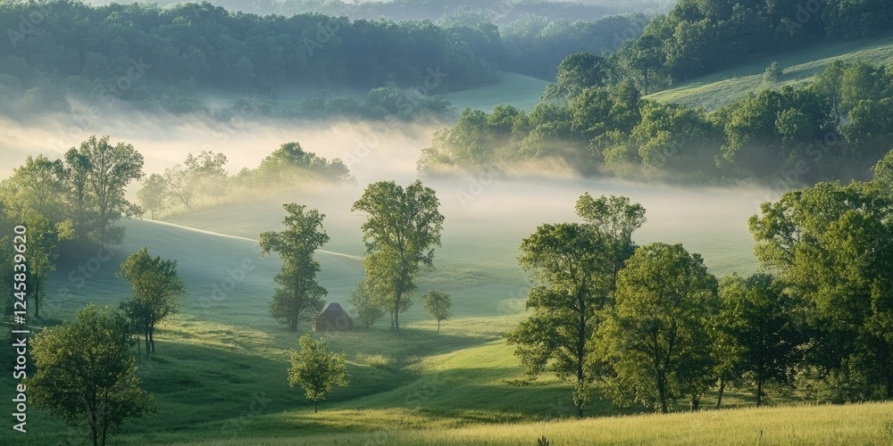 Leinwandbilder serene summer morning fog envelops lush green pasture and trees under soft light with rolling hills 