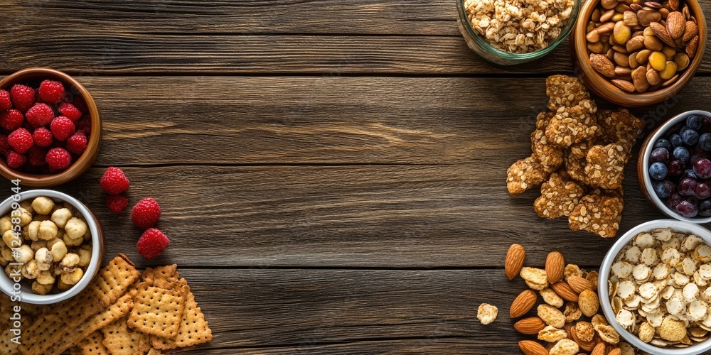 Poster nutritious snacks including almonds, raspberries, and popcorn arranged artistically on a wooden tabl