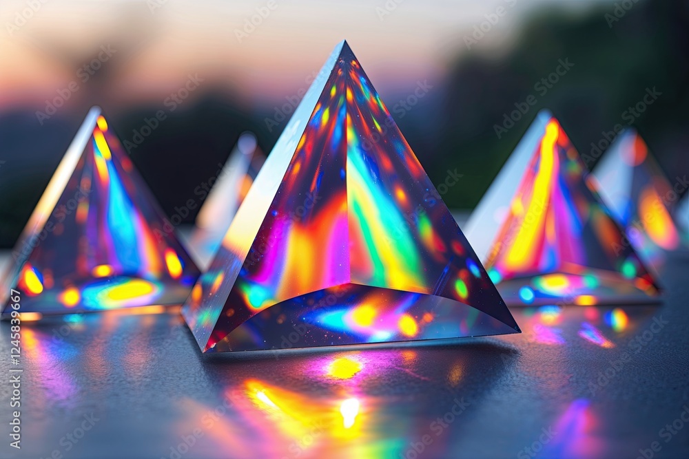 Poster triangular holographic prisms displaying vibrant spectral light combinations
