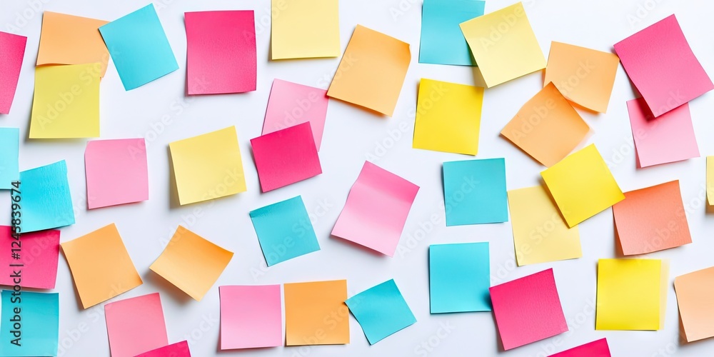 Poster colorful array of assorted sticky notes in pink, blue, yellow, and orange scattered randomly on a cl