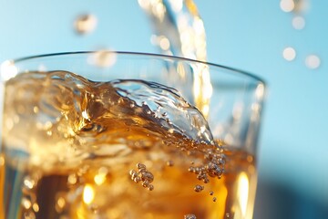 A close-up of a glass filled with sparkling brown liquid.