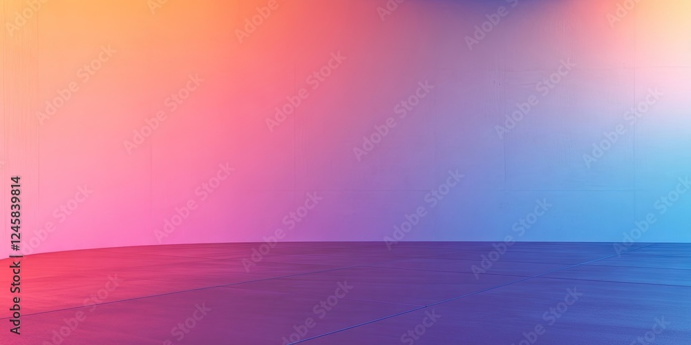 Poster colorful gradient background with smooth transition from orange to blue, featuring a curved floor sp