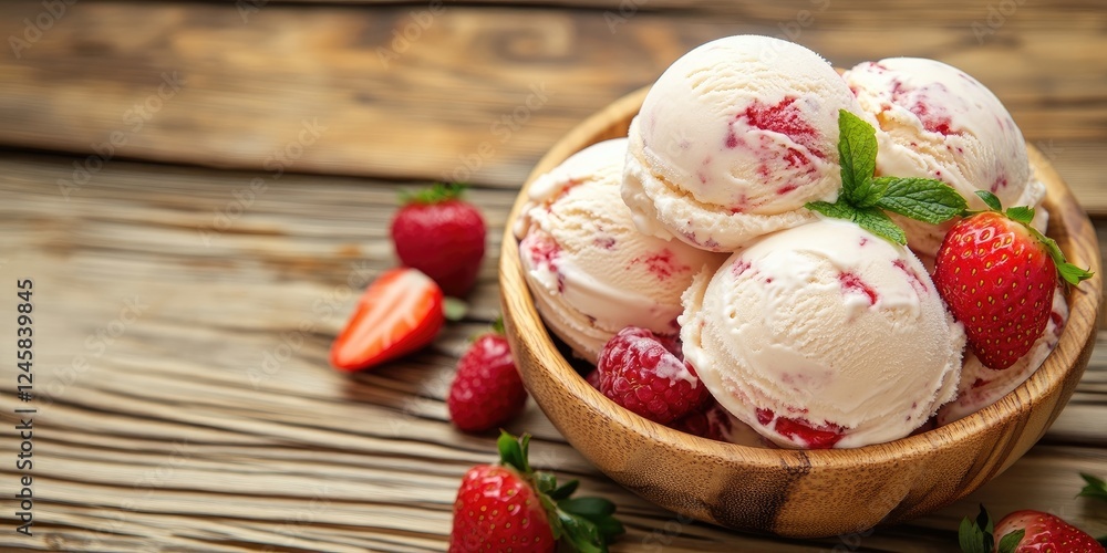 Poster bowl of homemade strawberry vanilla ice cream with fresh berries and mint on a wooden backdrop with 