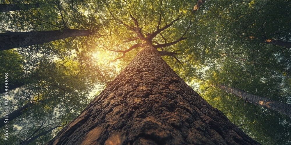 Poster towering tree in serene forest viewed from below warm sunlight filtering through green leaves tranqu