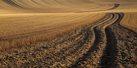 Fototapeta premium Golden agricultural landscape with prominent tractor tracks meandering through textured fields under a clear sky, showcasing rolling hills in warm tones.