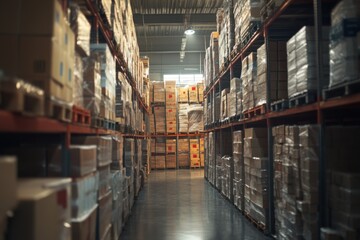 Warehouse filled with stacked boxes and pallets during daylight hours