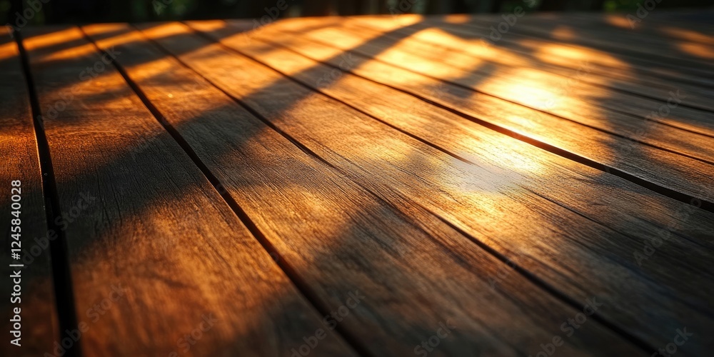 Poster warm wooden table surface with sunlit reflections and soft shadows cast, featuring rich brown hues a