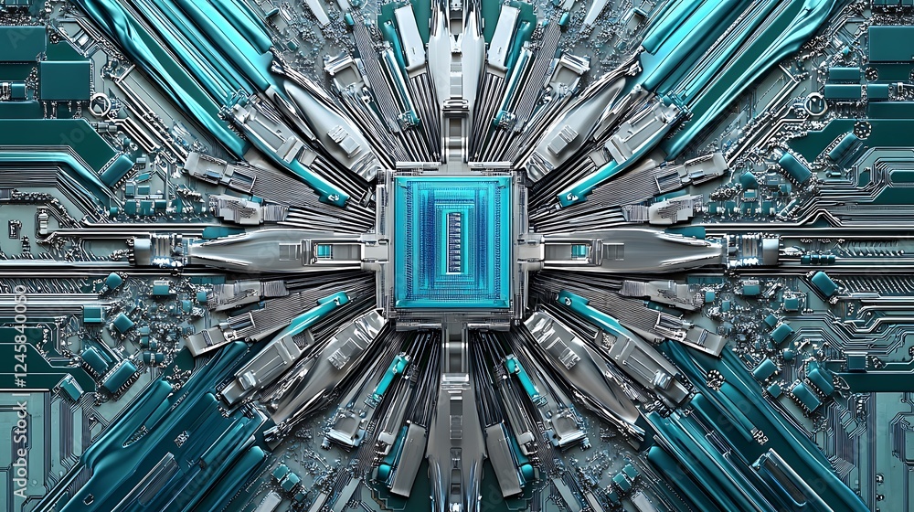 Aufkleber an artistic vector depiction of a futuristic microchip with radiating pathways of silver and cyan, i