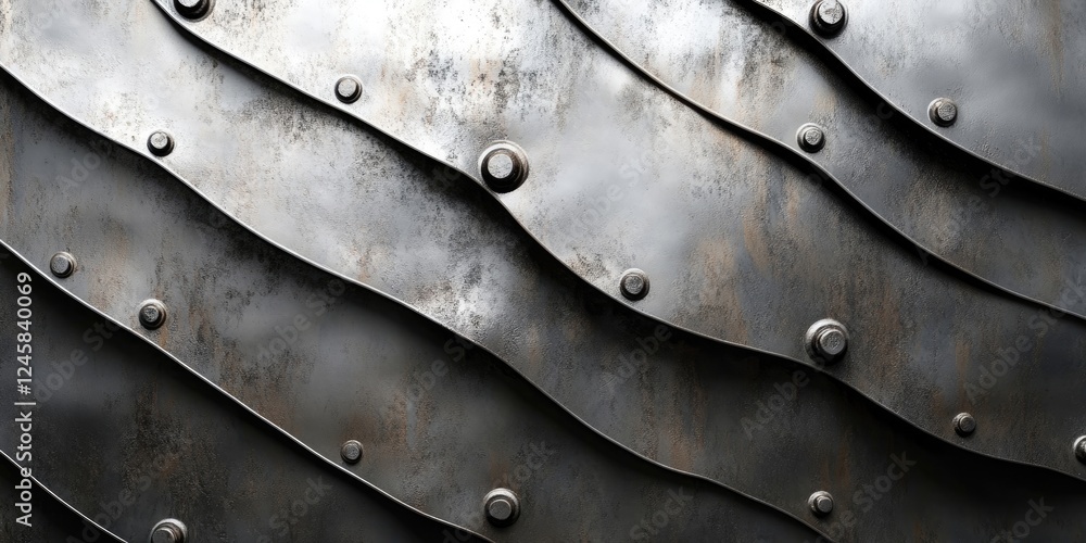 Leinwandbilder abstract metallic sheet design with wavy texture in shades of dark gray and silver, featuring rivets