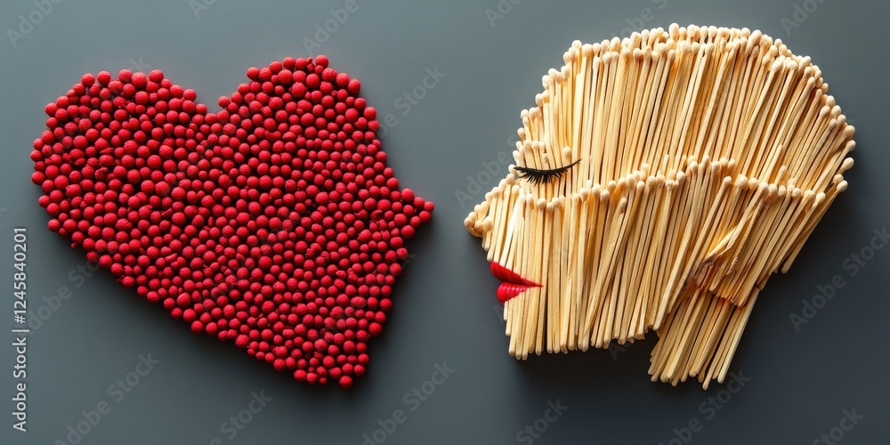 Poster heart composed of red matchsticks on left side with a side profile of a woman made from beige matchs