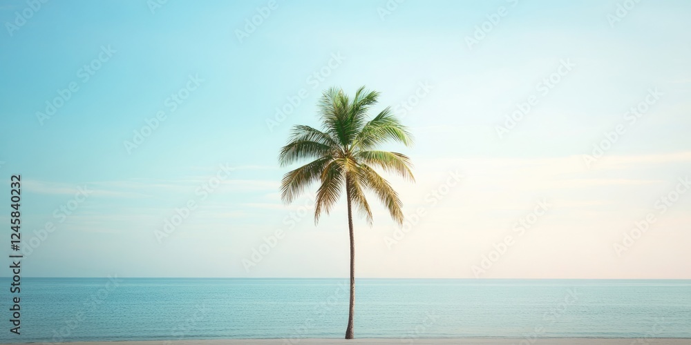 Poster lonely palm tree on serene beach with calm turquoise ocean and pastel sky, positioned center against