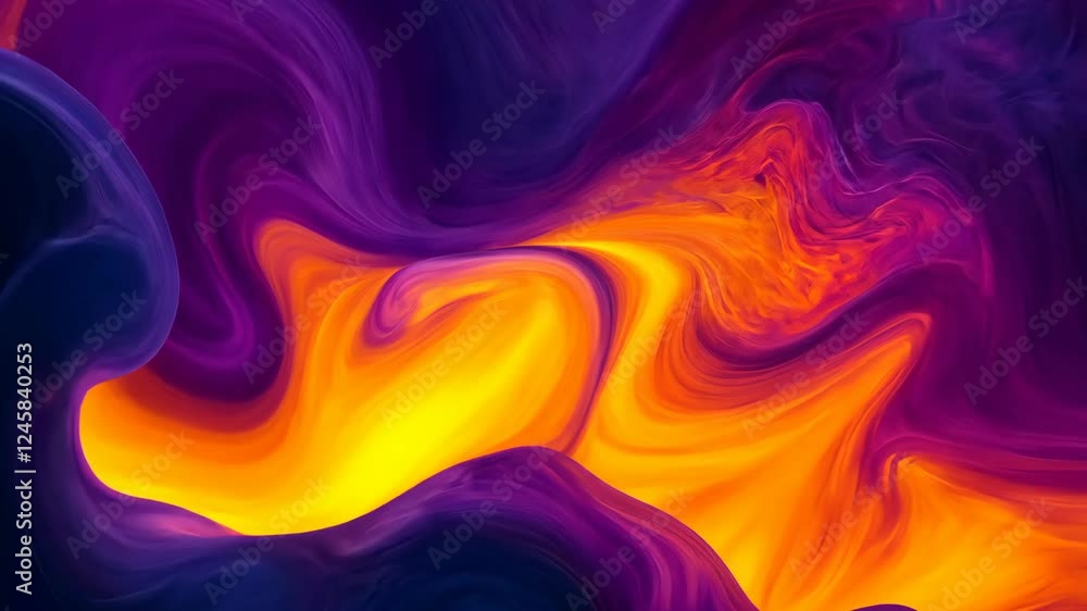 Poster swirling colors create dynamic patterns resembling flames against a dark background