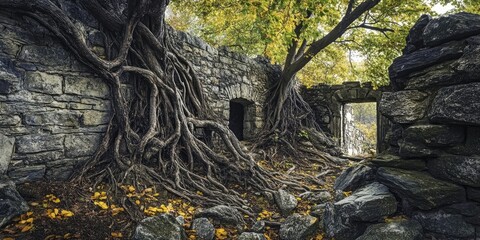 Obraz premium Ancient stone fort walls intertwined with thick overgrown tree roots showcasing nature's reclamation amid autumn foliage and soft natural lighting.